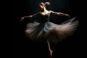 une spectaculaire et de mauvaise humeur faible clé image de une ballerine dans mouvement. génératif ai photo