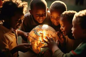 une dynamique et atmosphérique réglage avec une groupe de les enfants recroquevillé autour une globe. génératif ai photo