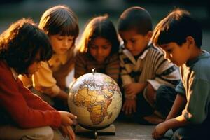 une dynamique et atmosphérique réglage avec une groupe de les enfants recroquevillé autour une globe. génératif ai photo