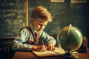 une mignonne photo de une Jeune garçon séance dans de face de le tableau noir et l'écriture dans une carnet. génératif ai