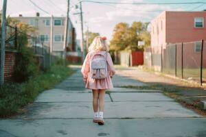 une captivant plein corps coup de une Jeune fille prêt pour sa premier journée de école. génératif ai photo