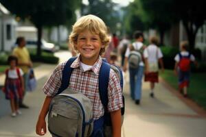 une Jeune garçons premier journée à école. génératif ai photo