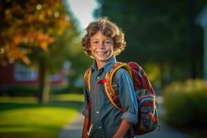 une Jeune garçons premier journée à école. génératif ai photo