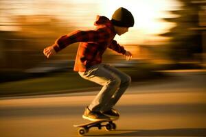 un environnement plein corps coup de une adolescent garçon sur une planche à roulette, courses de à école. génératif ai photo