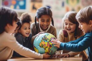 un engageant photo de une diverse groupe de élèves explorant une globe dans une vivement allumé Salle de classe. génératif ai
