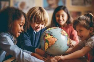 un engageant photo de une diverse groupe de élèves explorant une globe dans une vivement allumé Salle de classe. génératif ai