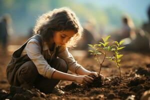 Nouveau la vie - Jeune fille plantation arbre. génératif ai photo