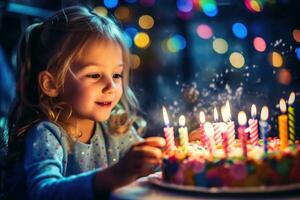 une vibrant et joyeux proche - en haut coup de une enfant soufflant en dehors le bougies sur une anniversaire gâteau. génératif ai photo
