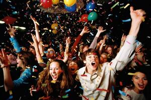 un énergique foule coup à une anniversaire faire la fête, avec confettis en volant par le air. génératif ai photo