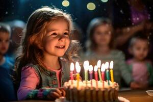 une vibrant et joyeux proche - en haut coup de une enfant soufflant en dehors le bougies sur une anniversaire gâteau. génératif ai photo