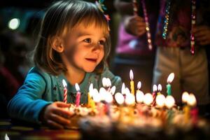 une vibrant et joyeux proche - en haut coup de une enfant soufflant en dehors le bougies sur une anniversaire gâteau. génératif ai photo