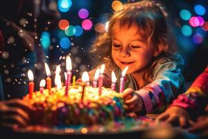 une vibrant et joyeux proche - en haut coup de une enfant soufflant en dehors le bougies sur une anniversaire gâteau. génératif ai photo