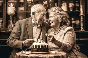une rétro - stylé photographier de un plus âgée couple célébrer une anniversaire. génératif ai photo