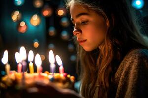 une profil vue de une adolescent fille fabrication une souhait avant soufflant en dehors sa anniversaire bougies. génératif ai photo