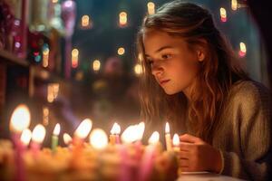 une profil vue de une adolescent fille fabrication une souhait avant soufflant en dehors sa anniversaire bougies. génératif ai photo