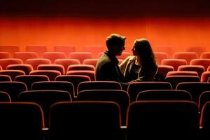 un abstrait représentation de une couple absorbé dans une film à une théâtre. génératif ai photo