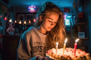 une profil vue de une adolescent fille fabrication une souhait avant soufflant en dehors sa anniversaire bougies. génératif ai photo