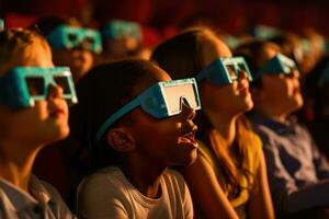 une contemporain scène de les enfants dans 3d des lunettes en train de regarder un aventure film. génératif ai photo