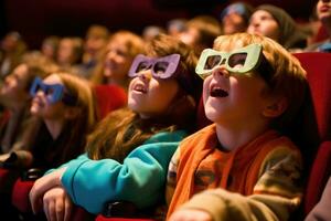 une contemporain scène de les enfants dans 3d des lunettes en train de regarder un aventure film. génératif ai photo