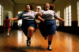 un énergique, plein - corps coup de deux vivace, plus - Taille Jeune les filles participant dans une animé Jeu de intérieur football. génératif ai photo