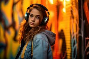 une photo - réaliste, vibrant coup capturer une adolescent fille immergé dans sa la musique dans de face de une graffiti - couvert Urbain mur. génératif ai