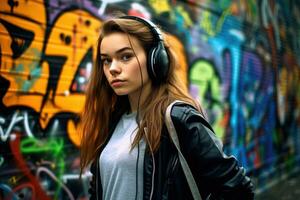 une photo - réaliste, vibrant coup capturer une adolescent fille immergé dans sa la musique dans de face de une graffiti - couvert Urbain mur. génératif ai