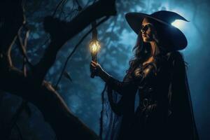 Halloween - à thème photo, le mystique de une sorcière en dessous de le clair de lune. génératif ai photo