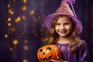 une proche - en haut photographier de une sucré et adorable peu fille avec une radieux sourire, habillé dans une Halloween costume. génératif ai photo