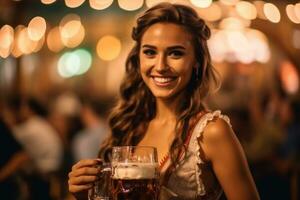 une proche - en haut photo de une joyeux Jeune femme portant une traditionnel oktoberfest dirndl. génératif ai