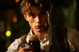 une proche - en haut photo de une Jeune homme portant traditionnel lederhosen et en portant une Bière stein. génératif ai