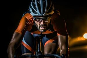 le endurance de une Masculin cycliste comme il les courses vers le bas une scénique route. génératif ai photo