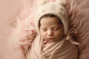 une photographier montrant le innocence et pureté de une nouveau née bébé dans une confortable, onirique paramètre. génératif ai photo