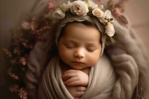 une photographier montrant le innocence et pureté de une nouveau née bébé dans une confortable, onirique paramètre. génératif ai photo