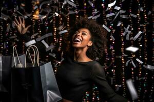 une vibrant photographier capturer le essence de noir vendredi, avec une radieux femme modèle permanent en toute confiance au milieu de une épars tableau de noir achats Sacs. génératif ai photo