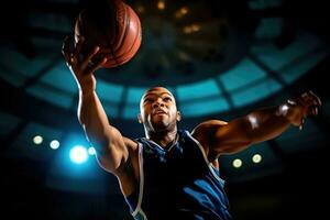 le travail en équipe et coordination de une Masculin basketball joueur comme il va pour une tremper pendant une jeu. génératif ai photo