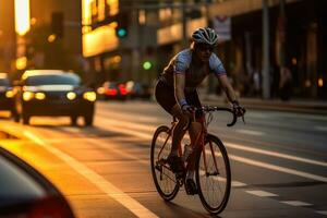 une dynamique coup de une cycliste équitation par une dévoué bicyclette voie. génératif ai photo