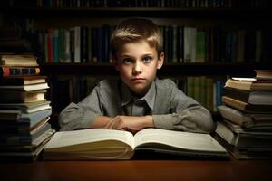 environnement portrait de une caucasien garçon étudiant séance à une bureau dans une Salle de classe, entouré par livres et école fournitures. génératif ai photo