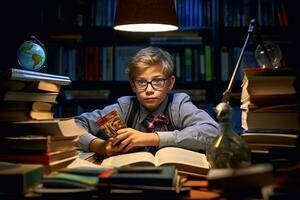 environnement portrait de une caucasien garçon étudiant séance à une bureau dans une Salle de classe, entouré par livres et école fournitures. génératif ai photo