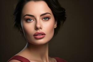 portrait coup de une femme avec sans faille peau et une à la perfection appliqué rouge à lèvres. génératif ai photo