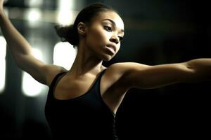 le la grâce et talent artistique de une femelle athlète pendant sa Danse entraine toi à le salle de sport. génératif ai photo