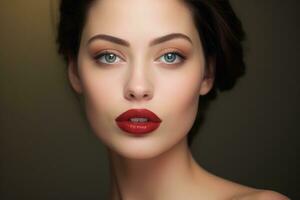 portrait coup de une femme avec sans faille peau et une à la perfection appliqué rouge à lèvres. génératif ai photo