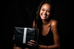 un engageant noir Vendredi promotion avec une captivant photographier de une souriant femme modèle mettant en valeur une cadeau boîte dans une studio paramètre. génératif ai photo