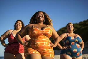 une groupe photo de diverse plus Taille femmes dans élégant maillots de bain profiter une journée à le plage. génératif ai