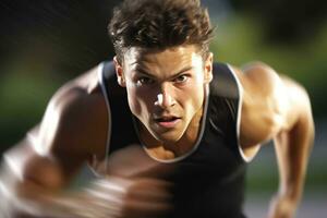 le agilité et la vitesse de une Masculin athlète comme il engage dans une sprint session sur le piste. génératif ai photo