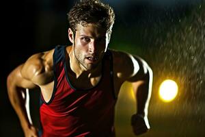 le agilité et la vitesse de une Masculin athlète comme il engage dans une sprint session sur le piste. génératif ai photo