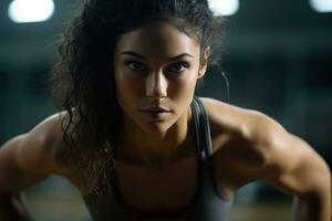 le force et agilité de une femelle athlète comme elle engage dans haute - intensité intervalle formation à le salle de sport. génératif ai photo