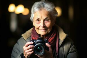 un personnes âgées femme en utilisant une caméra et une la photographie passe-temps, démontrant sa compétences à adapter à moderne développements. génératif ai photo