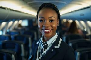 une proche - en haut coup de une femelle vol préposé, permanent dans le rayon de un avion cabine, chaleureusement accueillant les passagers avec une sourire. génératif ai photo