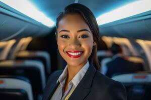 une proche - en haut coup de une femelle vol préposé, permanent dans le rayon de un avion cabine, chaleureusement accueillant les passagers avec une sourire. génératif ai photo