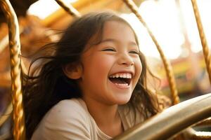 fermer coup de une peu fille en riant et ayant amusement à le amusement parc. génératif ai photo